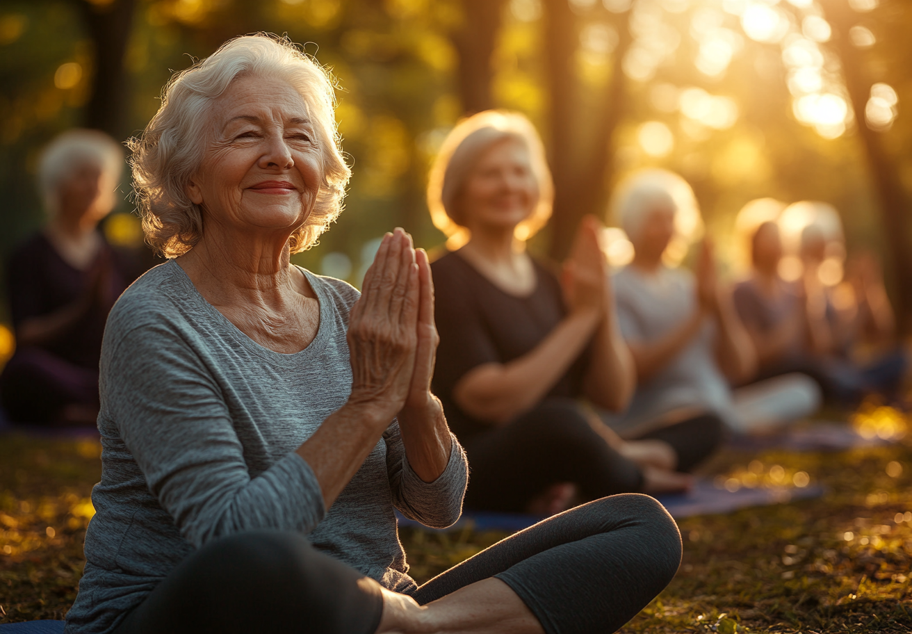 Група възрастни хора практикуват йога в природа