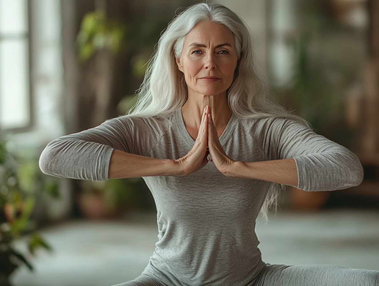 Инструктор обяснява йога пози на група възрастни хора